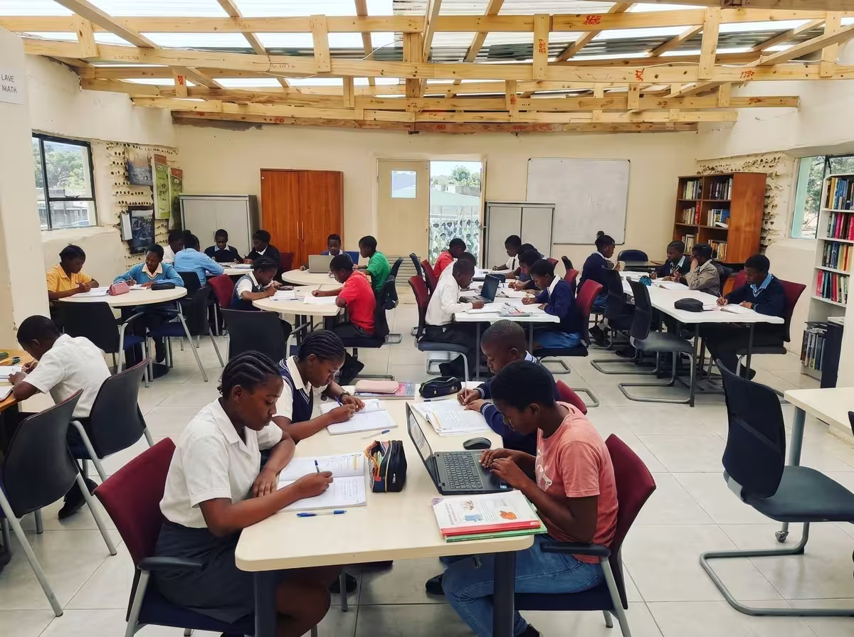 Students studying inside the eco-brick classroom